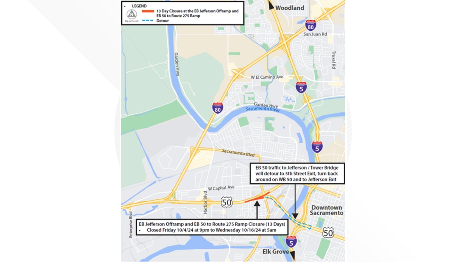 The exits to Jefferson Boulevard and SR-275 (Tower Bridge) on eastbound Highway 50 will be closed for 13 days starting Friday night.