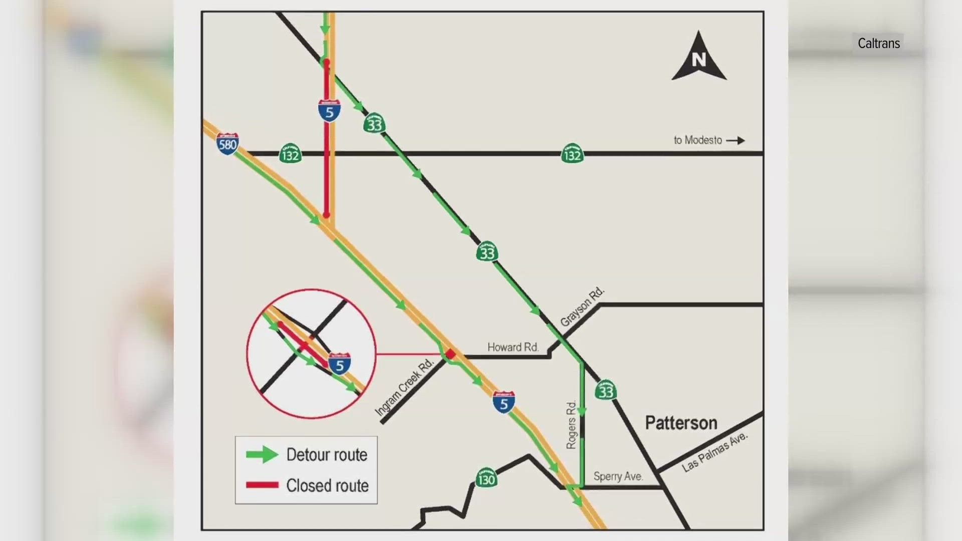 Part of southbound I-5 at Ingram Creek Road in Westley will be closed this weekend from 9 p.m. Friday to 4 a.m. Monday.