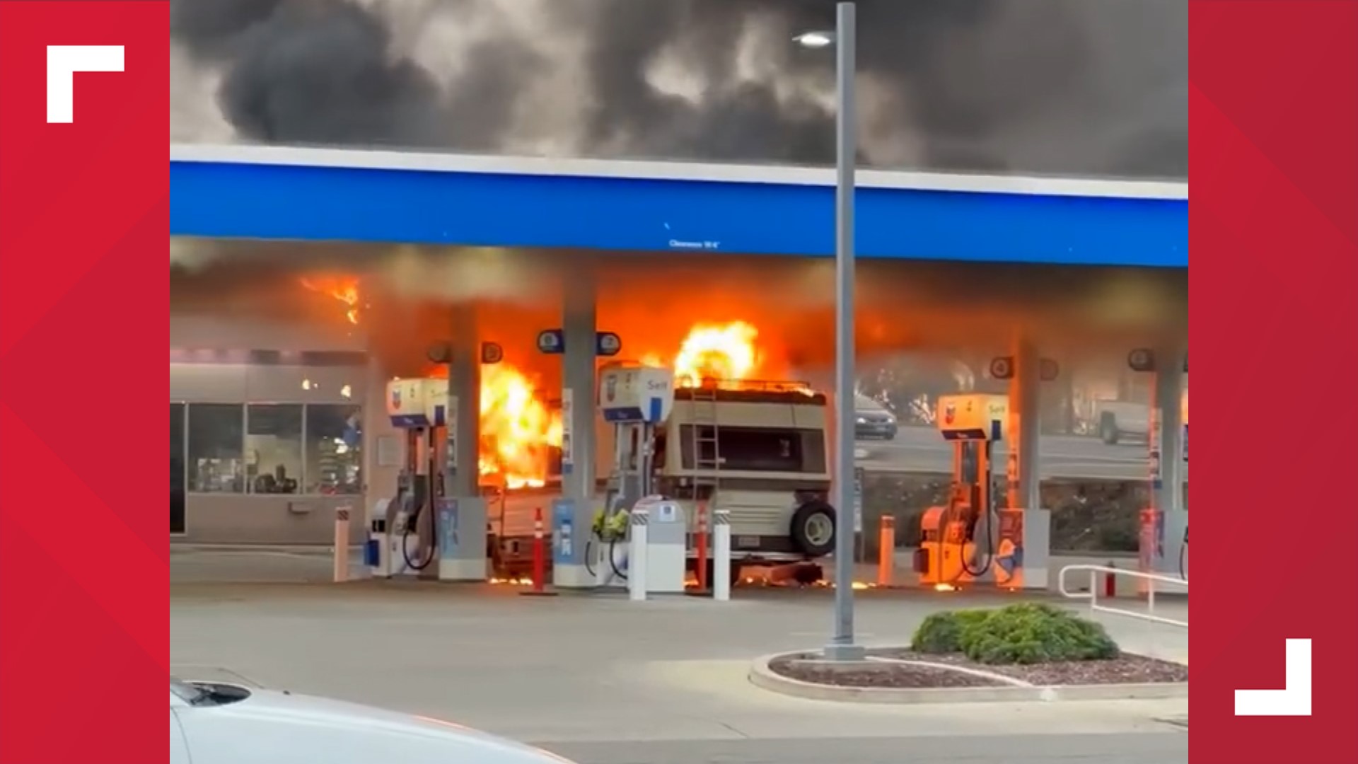 Modesto Fire Department says an RV caught fire at the pump in Ceres. Officials say two people were hurt and taken to the hospital with minor injuries