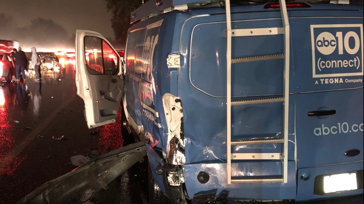 News van hit after pulling over to assist woman who spun out on Southbound I-5