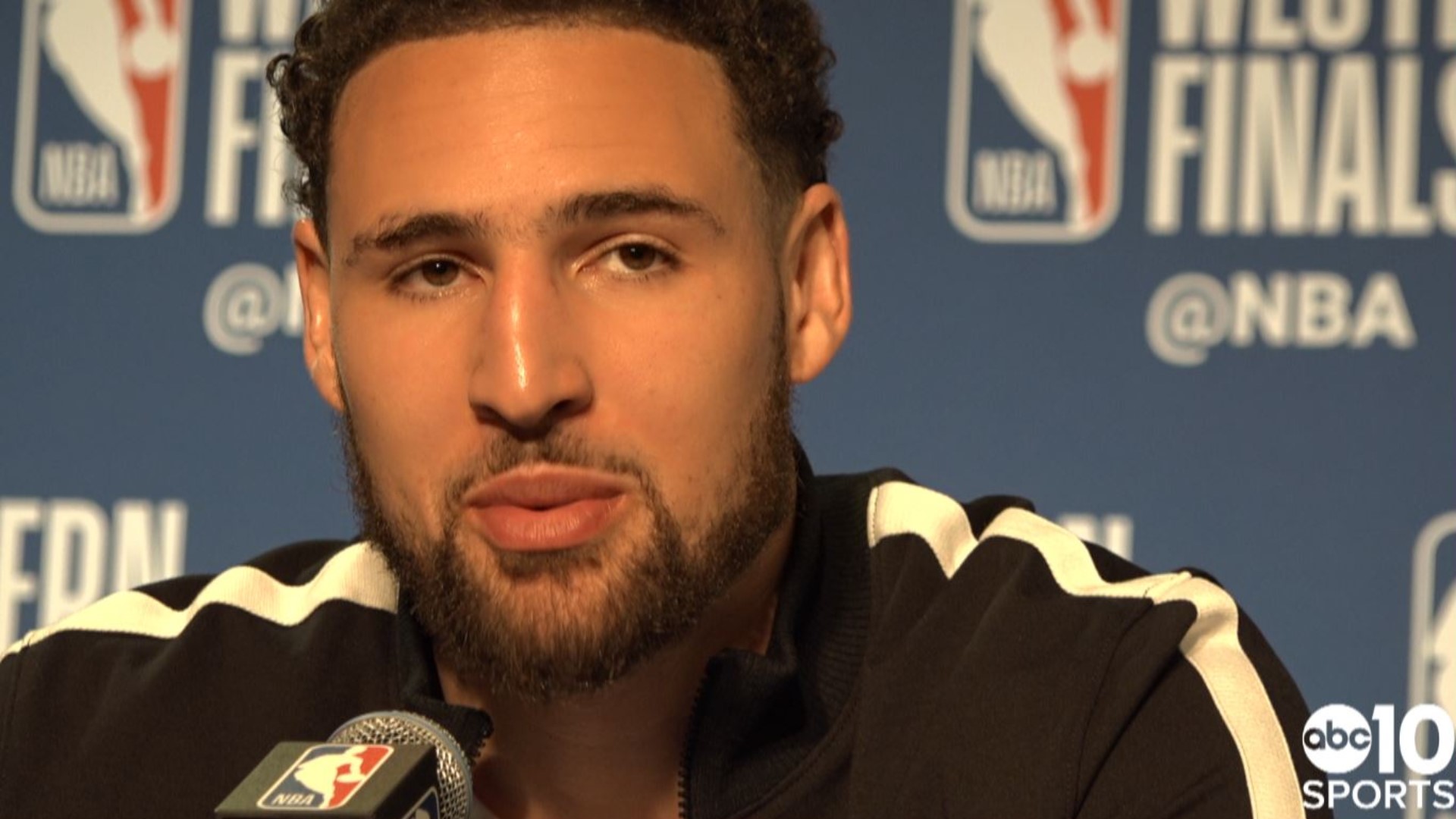 Warriors guard Klay Thompson discusses his rough shooting night, the superb defense from Andre Iguodala and the sibling rivalry between his teammate Stephen Curry and Trail Blazers guard Seth Curry, following Golden State's win over Portland in Game 2 of the Western Conference Finals to his team a 2-0 series lead.