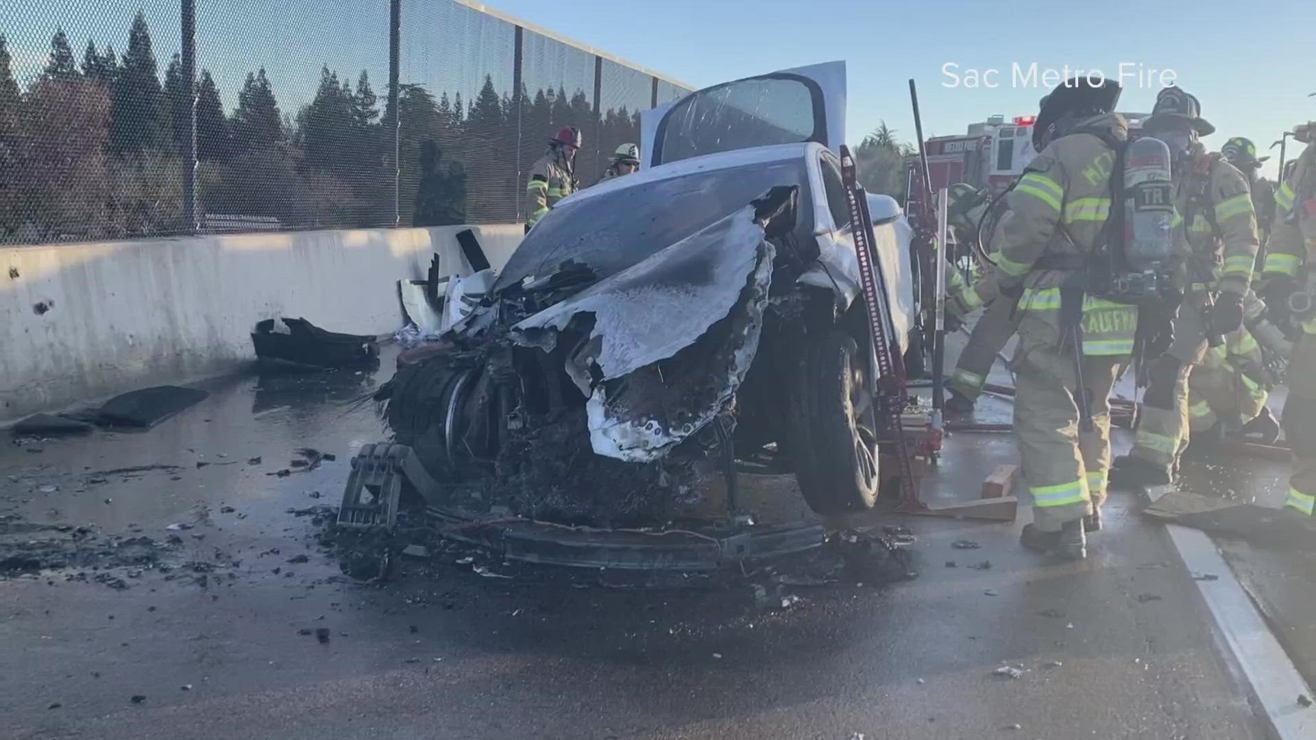 A Tesla Model S was engulfed in flames, causing two lanes on eastbound Highway 50 to close, according to officials.