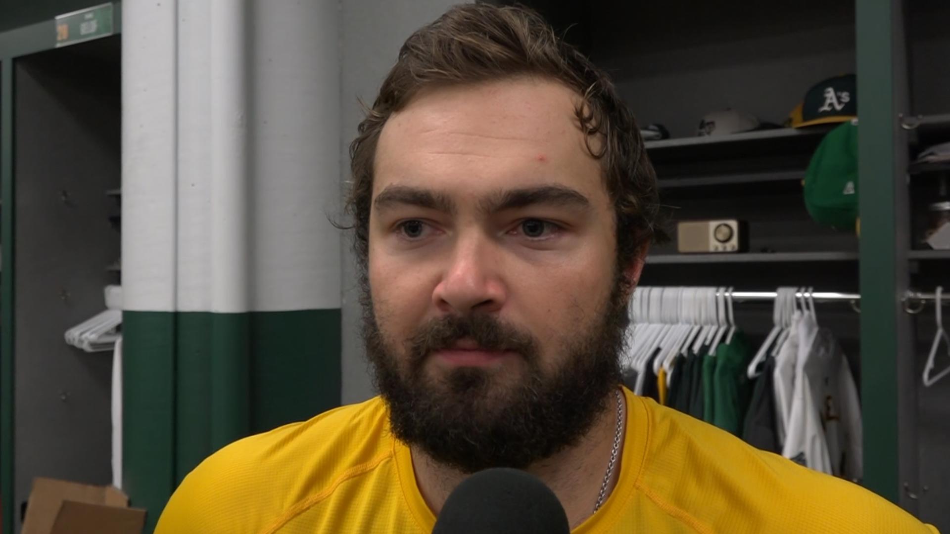 Catcher Shea Langeliers speaks about the final game for the Athletics at the Oakland Coliseum.