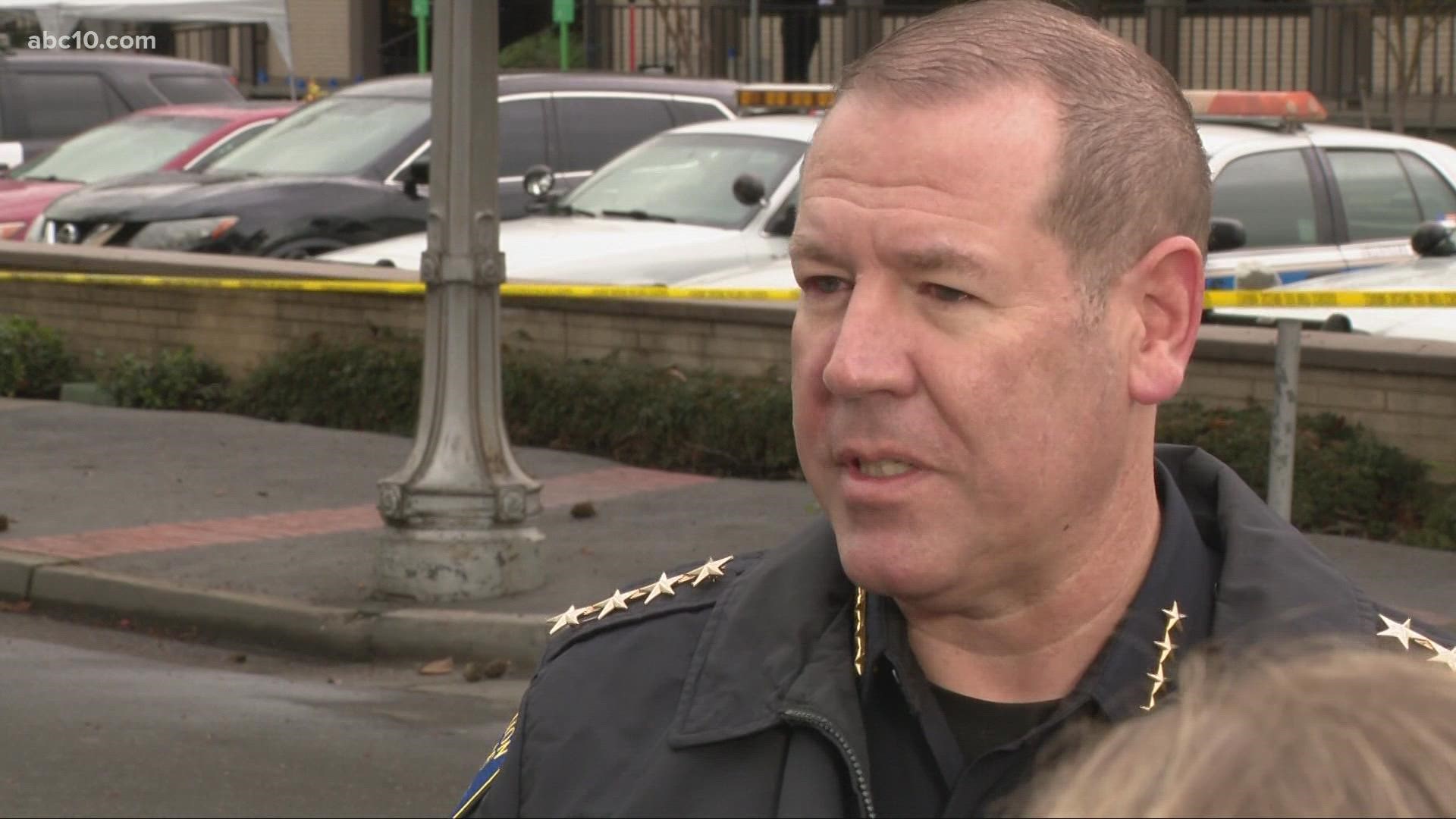 Kurt Rivera speaks with Police Chief Eric Jones about a fatal officer involved shooting which occurred outside of Stockton police headquarters Wednesday.