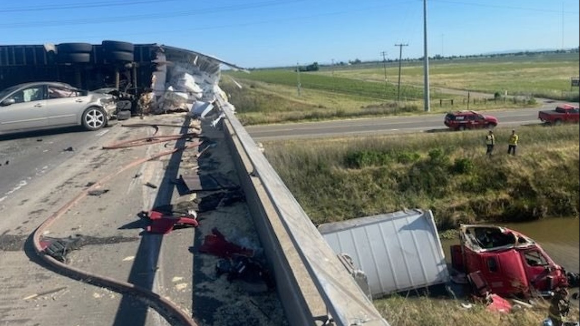 Accident on I-5 in Sacramento County: Part of big rig in water | abc10.com