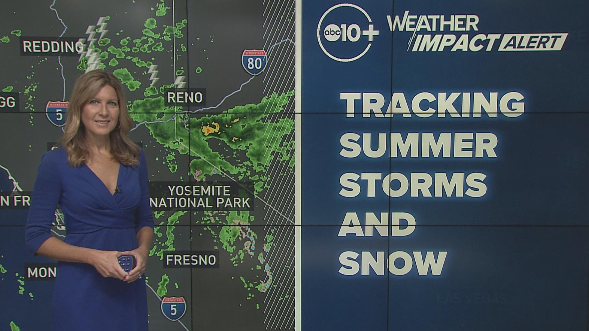 A weather system rolling through California is bringing thunderstorms and snow. Isolated heavy rain also posing a risk of debris flows for the Park Fire Burn Scar.