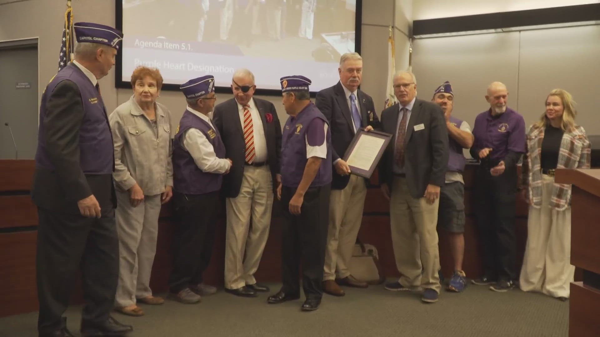 In a ceremony honoring combat wounded veterans and their families, the city of Roseville gained the status of “Purple Heart City."