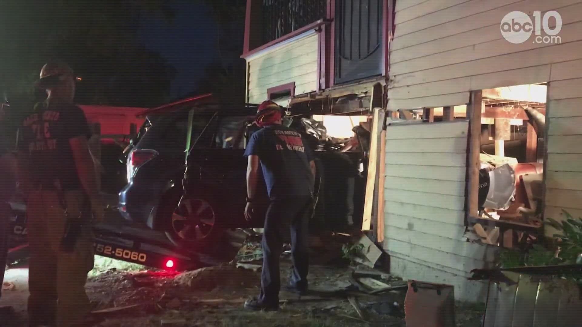 Crews with the Sacramento Fire Department were called out to the home located near the intersection of Broadway and Santa Cruz Way. When they arrived, firefighters found the tail end of a blue Subaru Forester poking out from the side of the house, the other half inside the bottom floor.