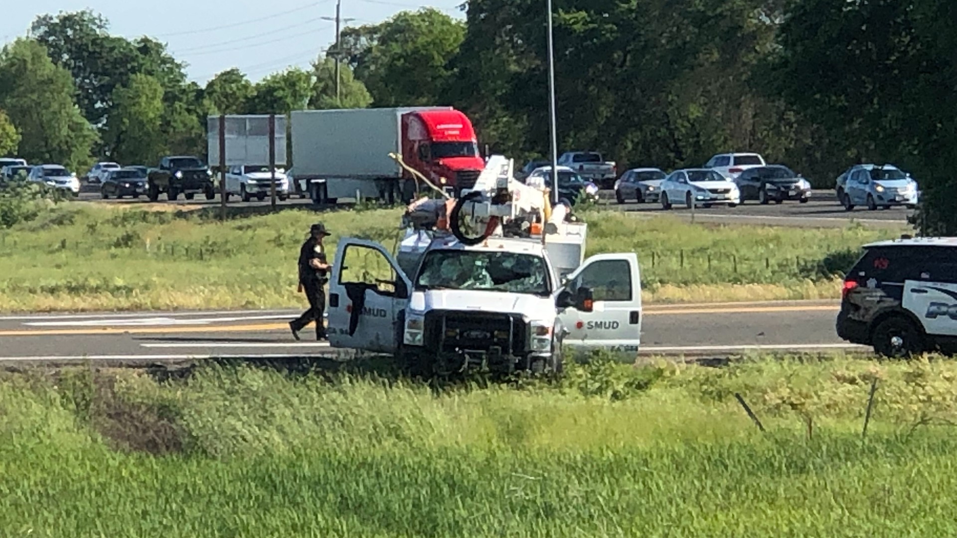 According to the Sacramento County Sheriff’s Office, the vehicle, a full-size SMUD pickup with a boom lift, was taken near Waterman Road and Grant Line Road after the carjacker assaulted a SMUD employee.