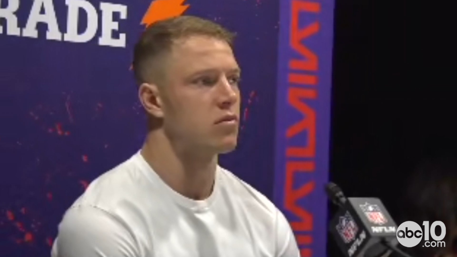 Christian McCaffrey speaks with media after a heart-crushing loss against the Kansas City Chiefs in the Super Bowl.