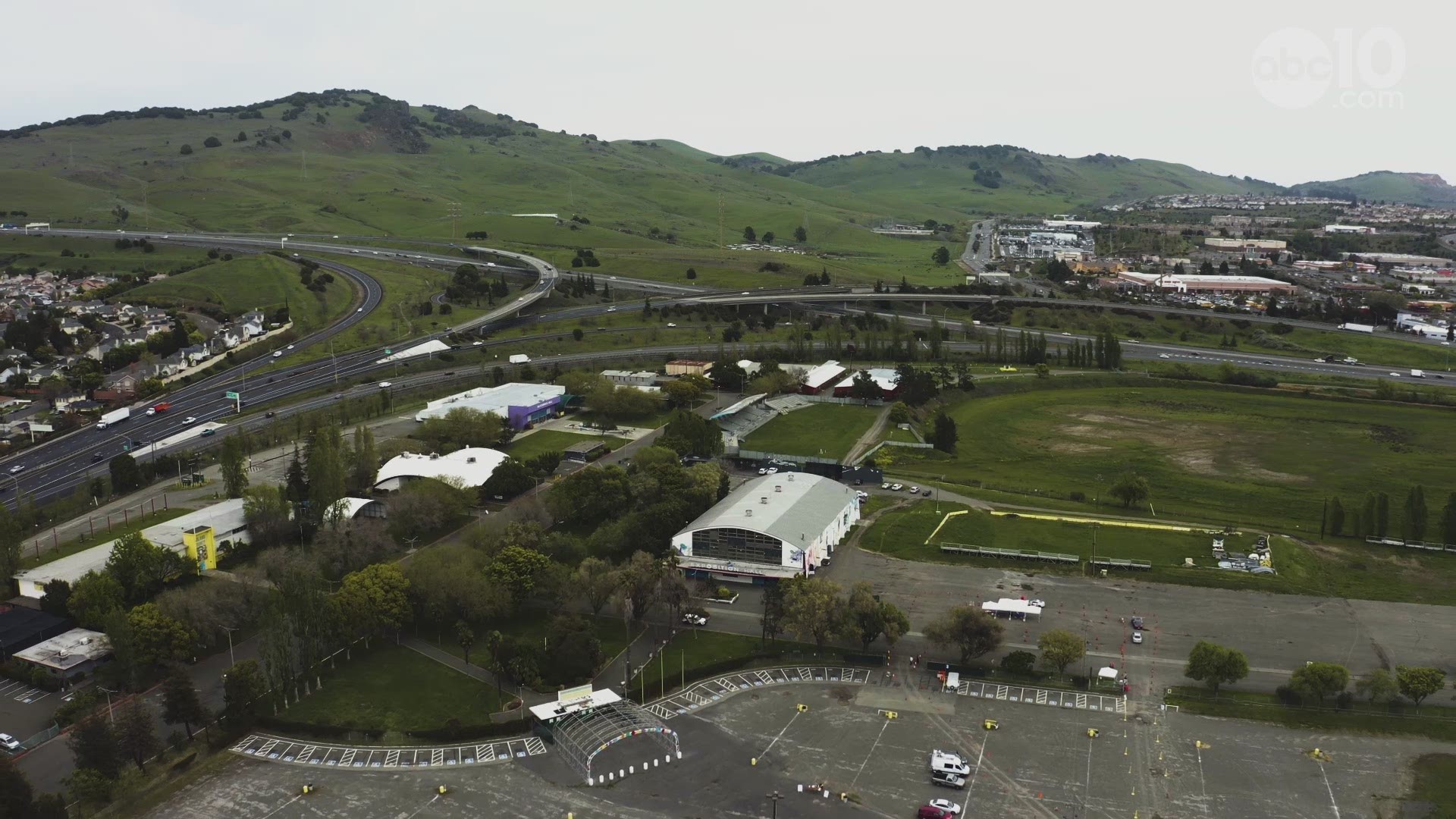 Drone view of Solano County Fairgrounds coronavirus drive-thru test center  | RAW