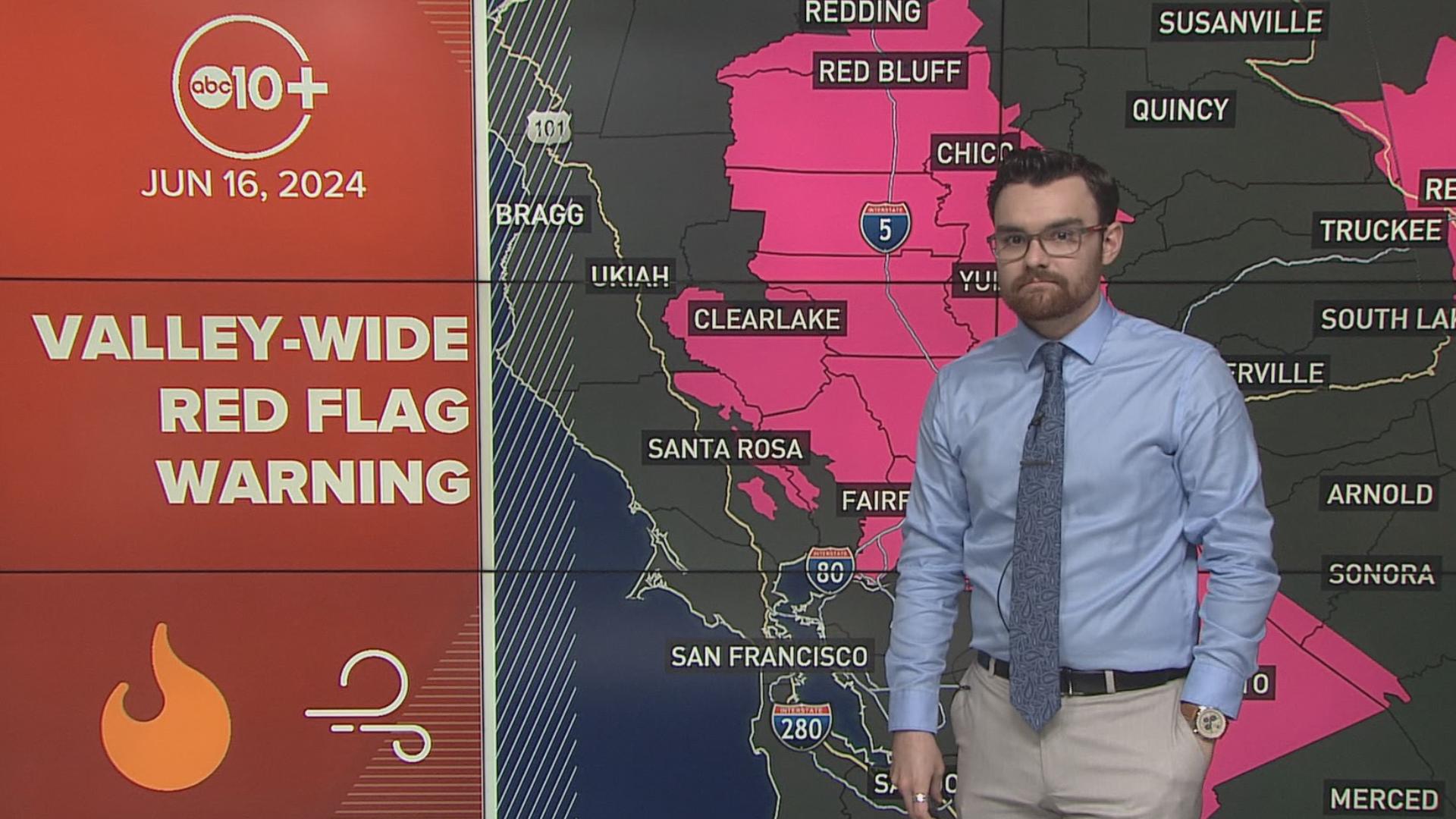 Red Flag Warning continues until Tuesday morning for Northern California as dangerous north winds dry out the valley and prime the landscape for fire growth.