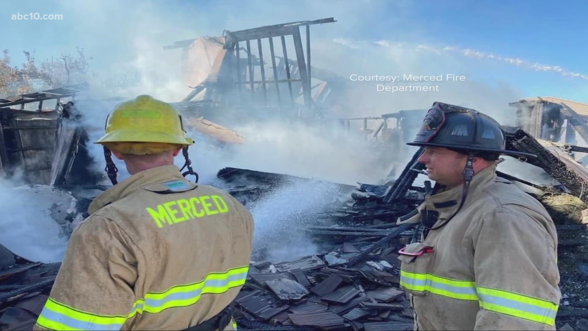 The Merced Fire Department said the fire was reported just after 8 a.m. Monday. One person is in critical condition.