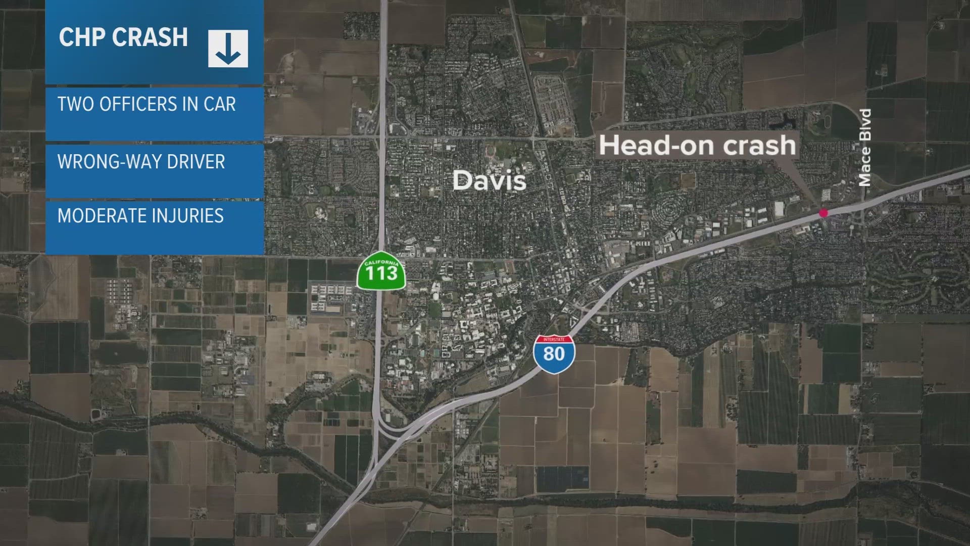 Two CHP officers were hurt when a wrong-way driver crashed into their patrol car along I-80 in Davis, police said.