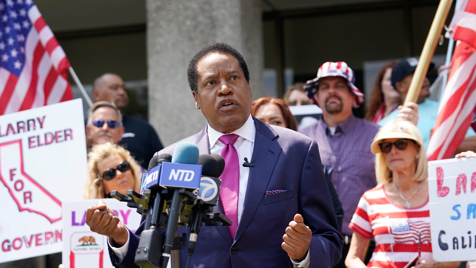 Larry Elder, a leader among the recall challengers, spoke to supporters after Gov. Newsom was projected to defeat the recall.