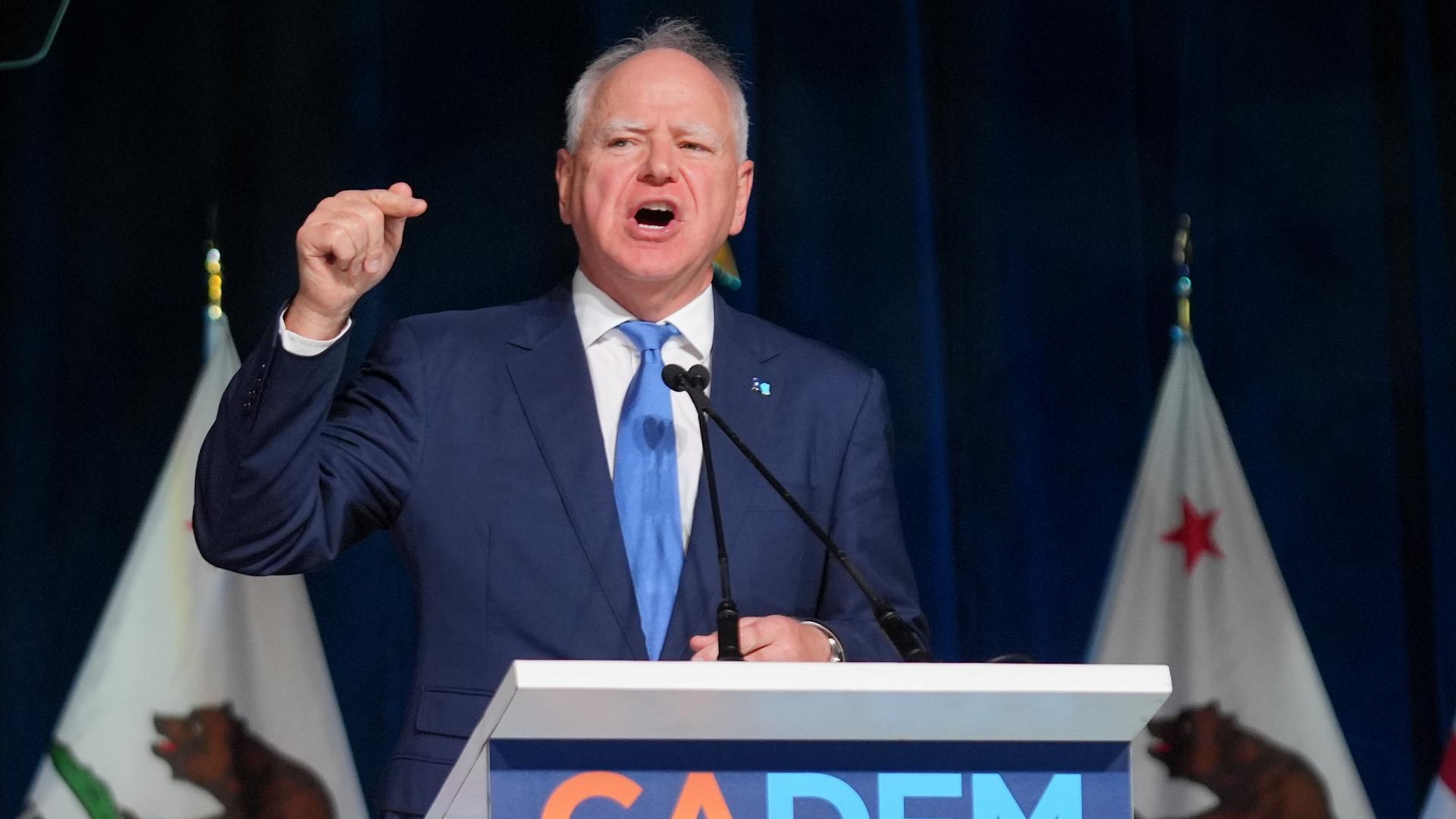 Former vice presidential nominee Tim Walz spoke to delegates at the California Democratic Convention in Anaheim. 