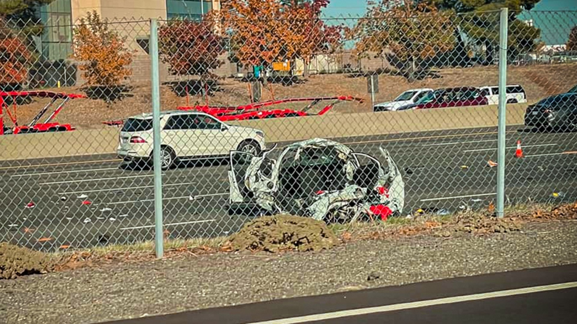 CHP says a sedan with a flat tire was hit by a pickup truck, killing a 2-year-old inside the sedan and injuring two others.