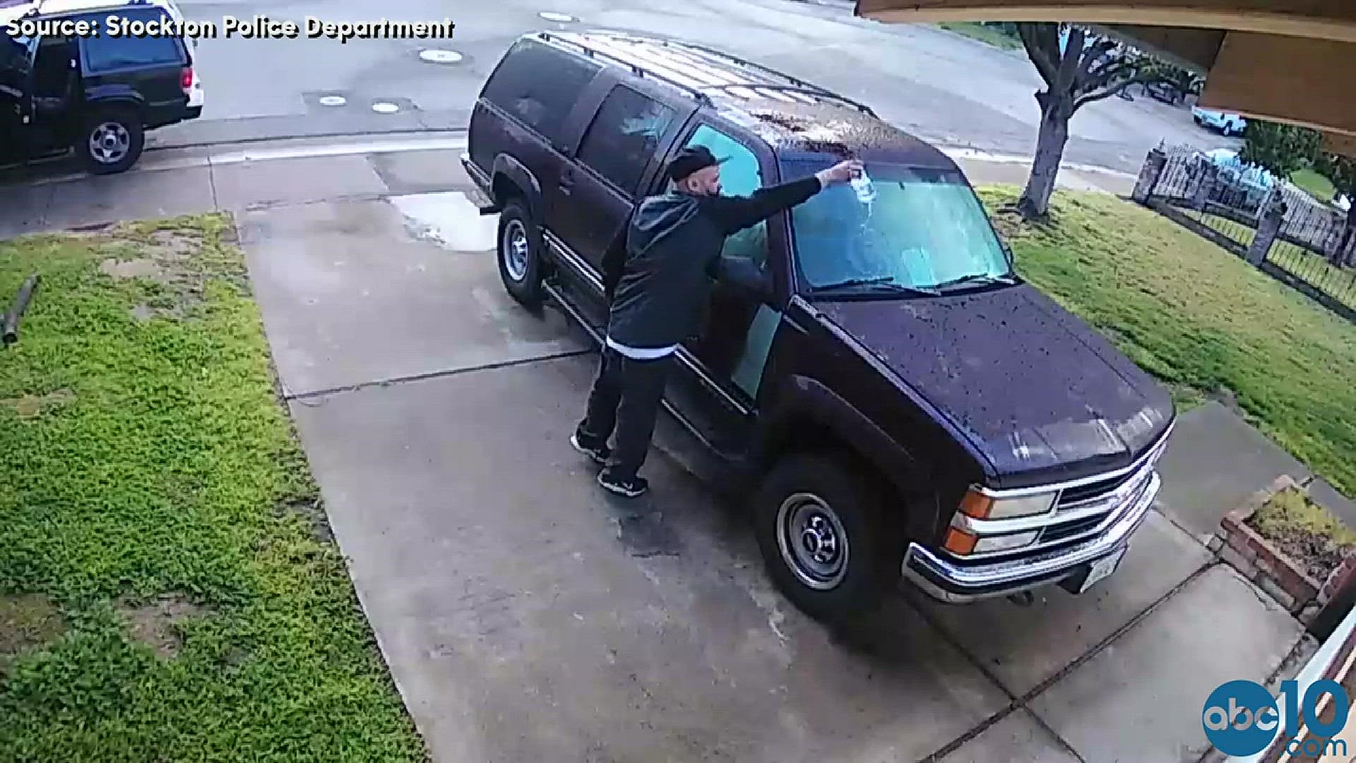 The Stockton Police Department is searching for man who set fire to a car outside a home.