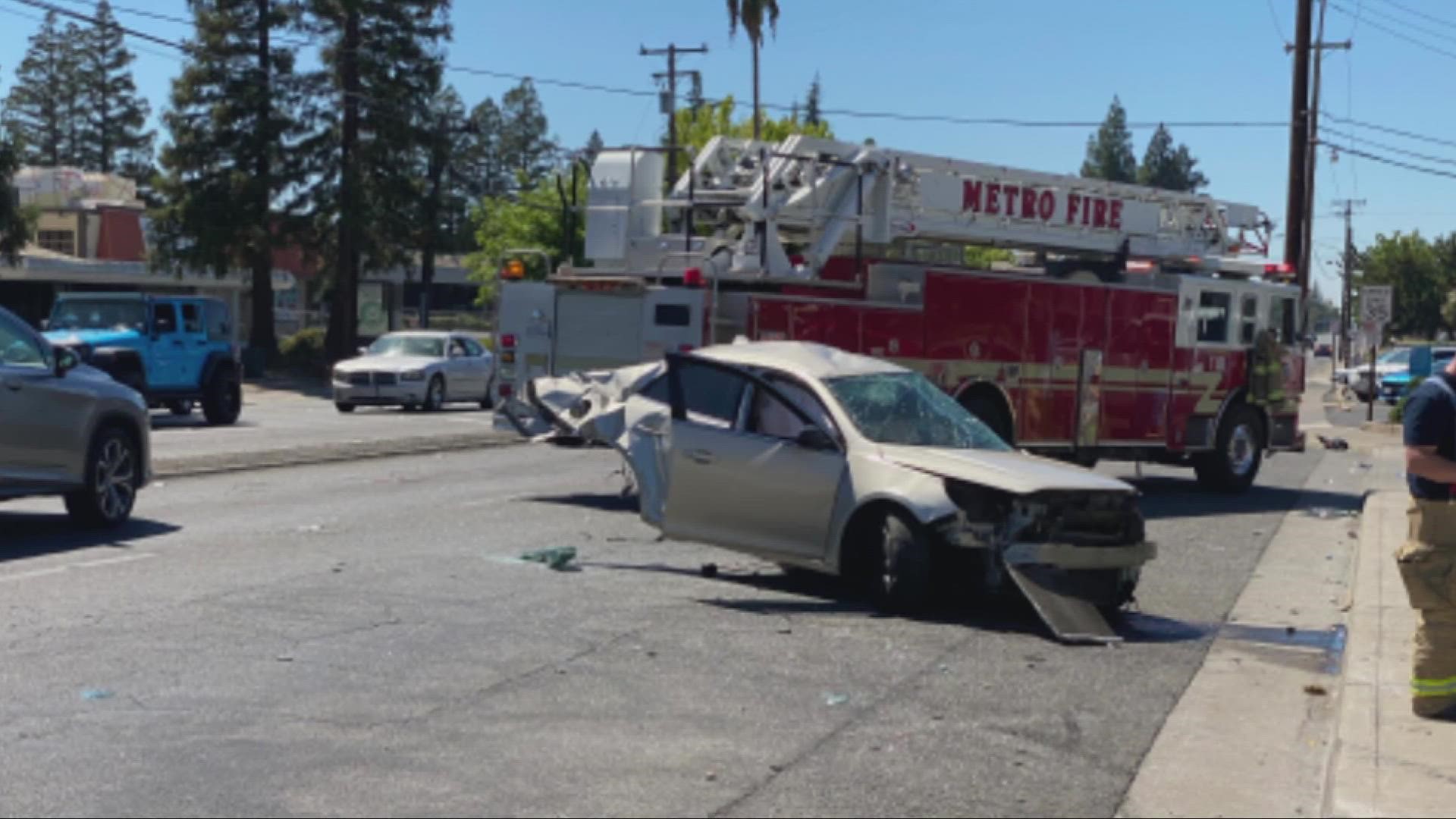 The driver of the vehicle was taken to the hospital with injuries after a high speed accident split the car in half on Arden Way and Morse Avenue.