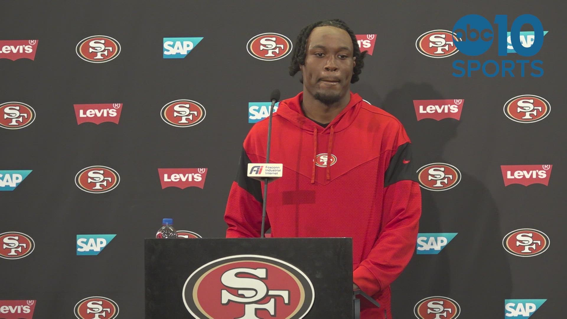 49ers defensive end Tarvarius Moore talks at a press conference about improvement on offense during the 2022 season and returning from an achillies injury.