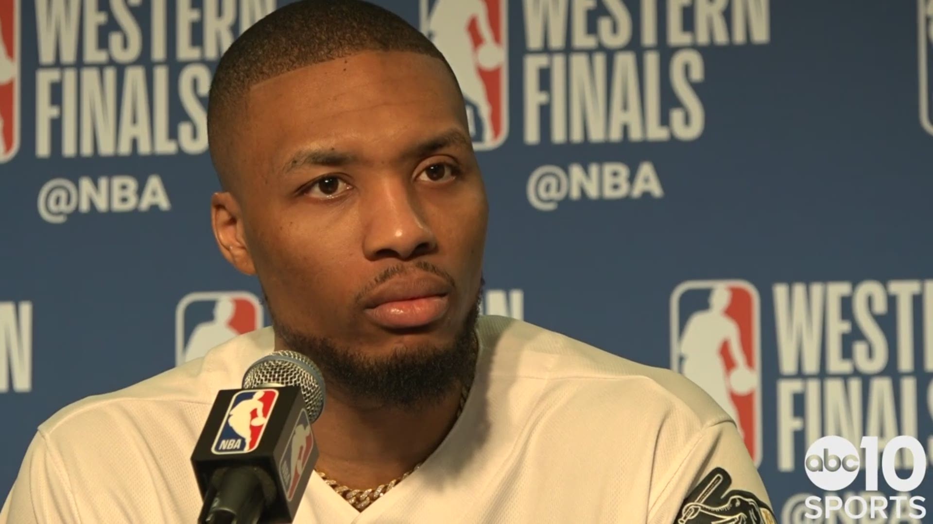 Trail Blazers point guard Damian Lillard talks about his team's rough shooting night, the defense allowing Stephen Curry to bury nine three-pointers and playing in the Western Conference Finals in his hometown of Oakland, following Portland's Game 1 loss to the Golden State Warriors.