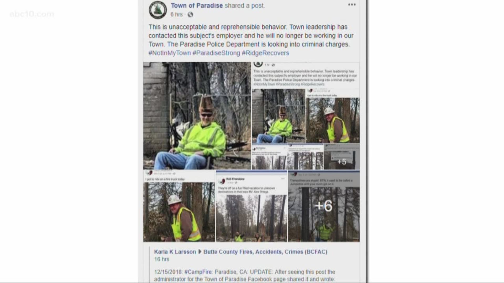 Authorities are investigating after offensive photos surfaced showing a crane operator disrespecting fire victims' property in Paradise. The photos were first brought to the attention of officials with the Town of Paradise after the crane operator, identi