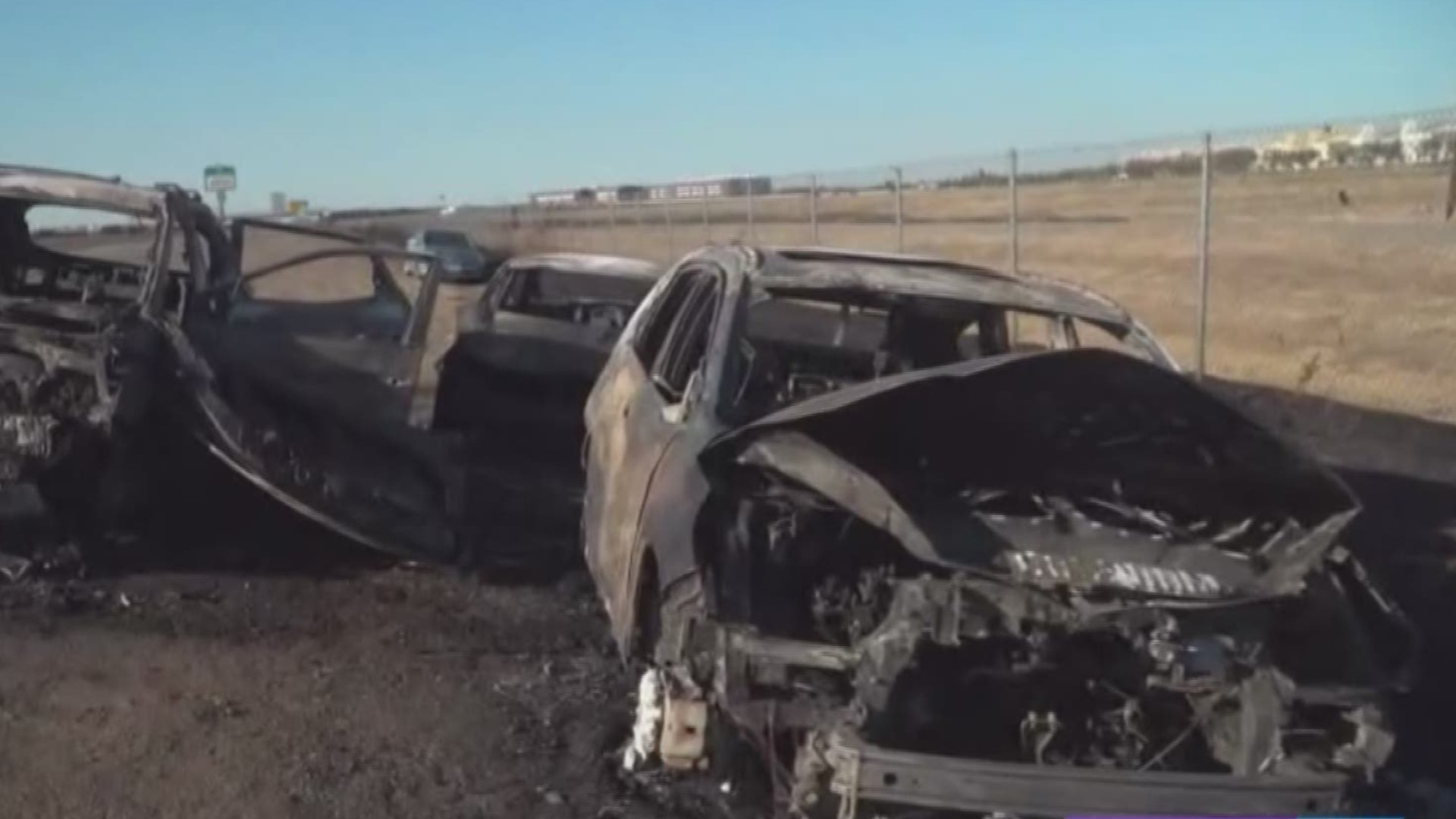 Fire destroyed several cars along I-5 in Natomas on Sunday afternoon. A brush fire shut down the freeway for several hours.