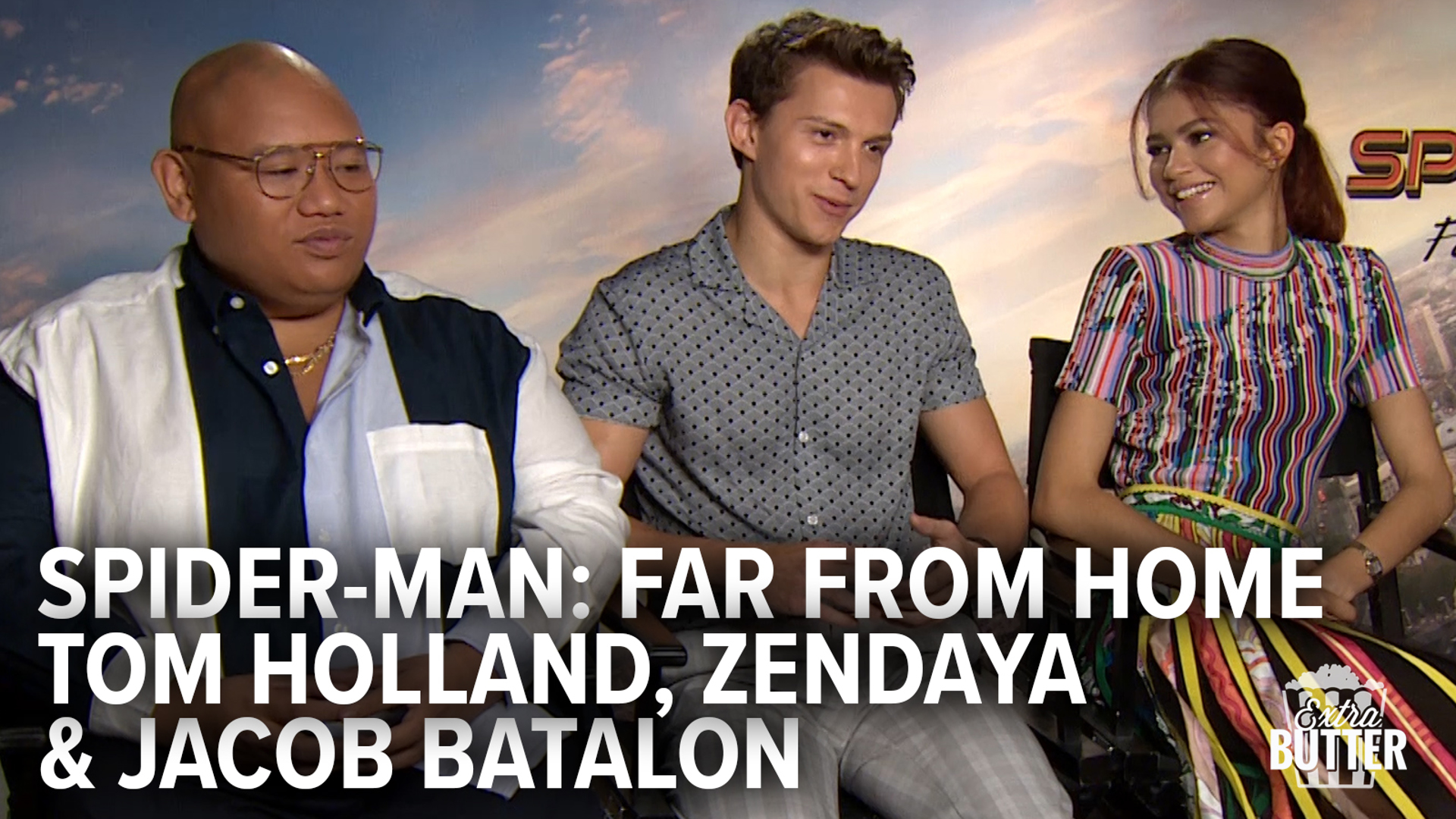 Tom Holland, Zendaya and Jacob Batalon try not to plot spoil while talking about 'Spider-Man: Far From Home.' Tom also tells a funny story about bathroom breaks as Spider-Man.