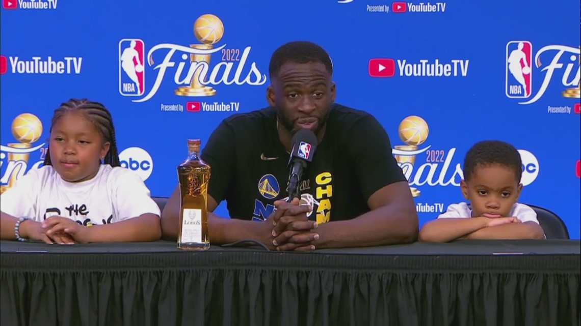 Draymond Green brings out kids @ Golden State Warriors Post 2022 Finals conference