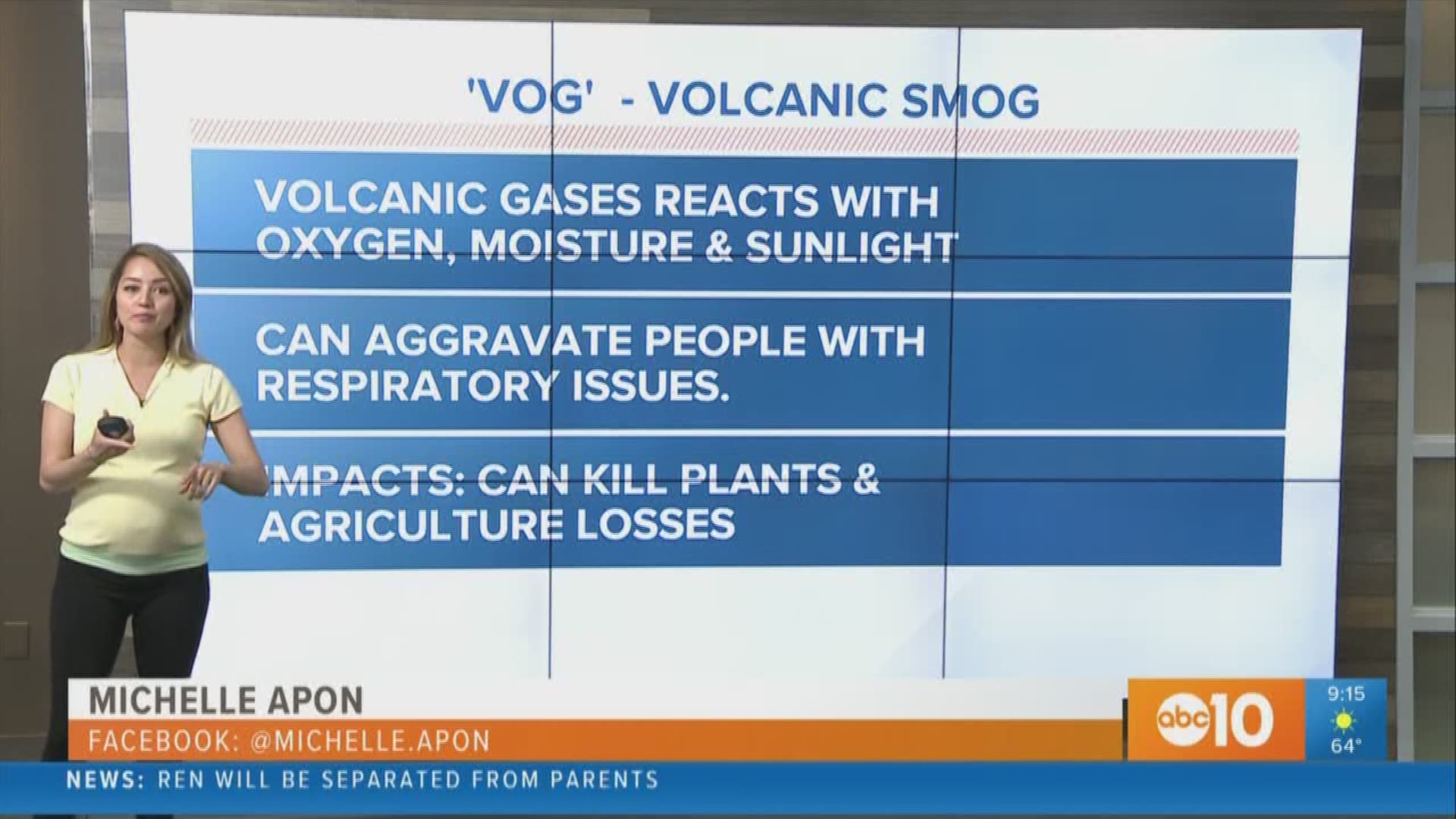 During a volcano eruption: 1) water vapor, 2) carbon dioxide and 3) sulfur dioxide come spewing out. That makes up about 99 percent of the volcanic gases.  When you combine those gases with the sunlight, oxygen and moisture you get 'vog' that's volcanic s