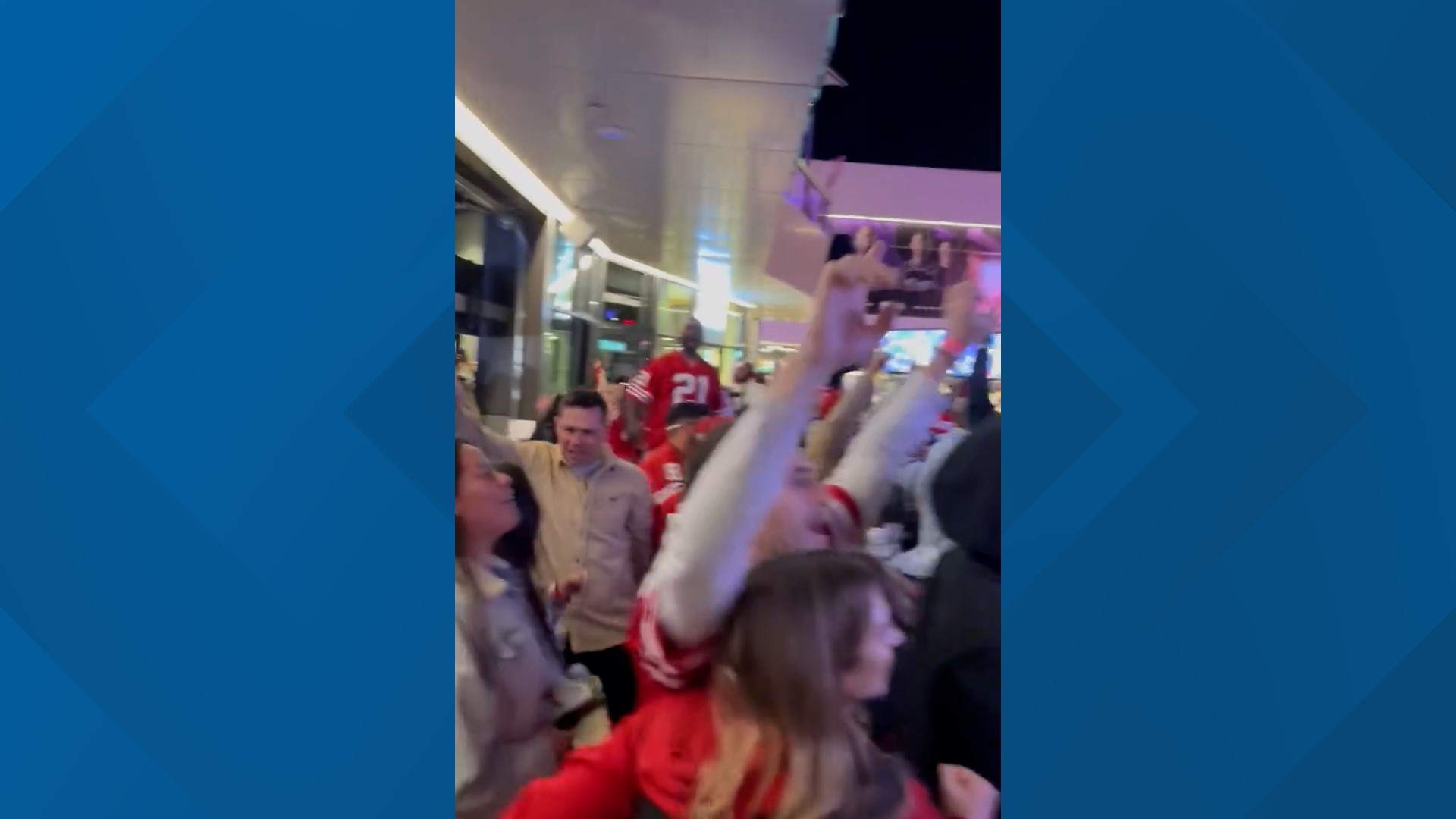 San Francisco 49er fans in downtown Sacramento ecstatic as the red and gold up 16-13