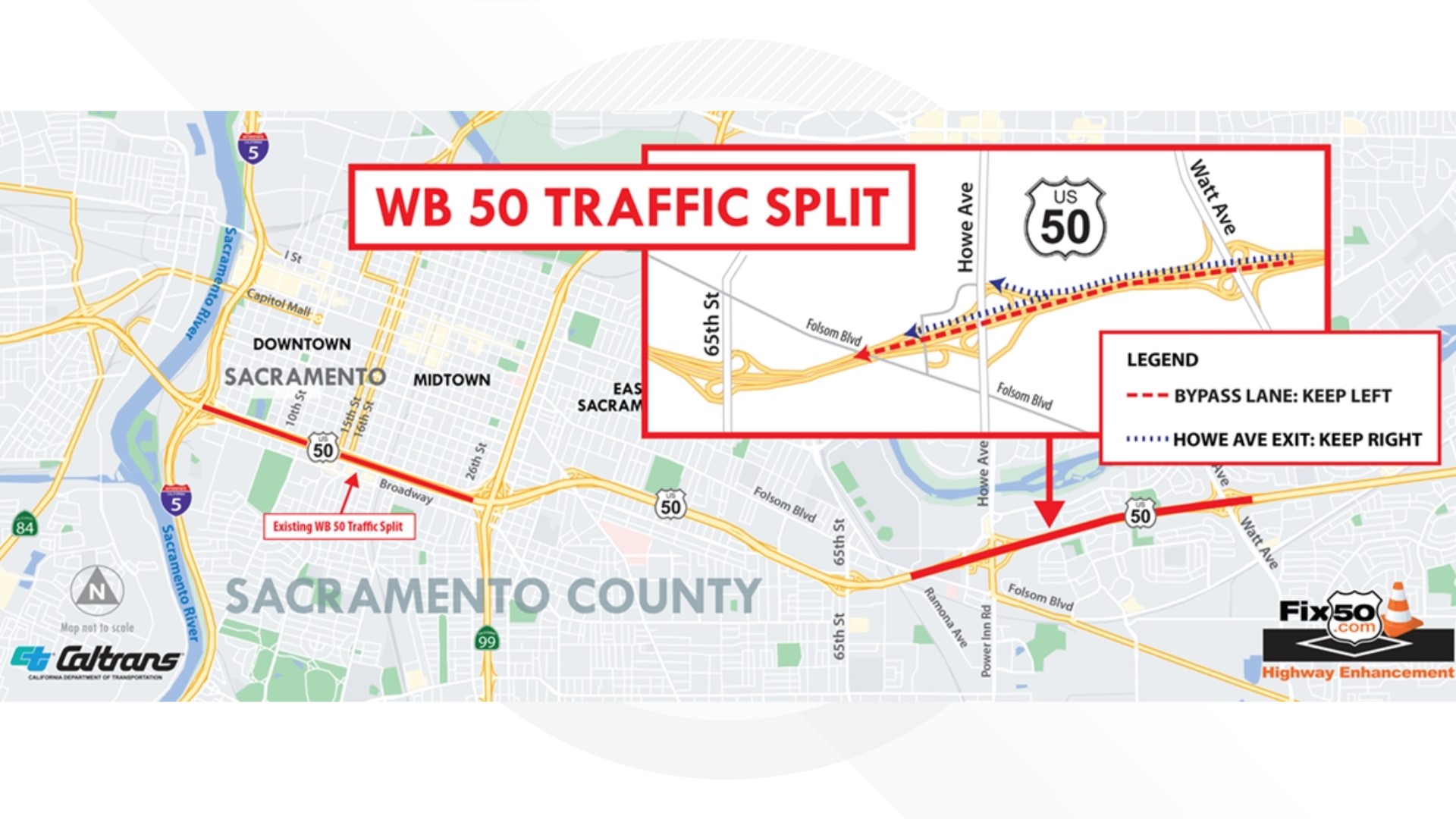 The new traffic shift will go from Watt Avenue to 65th Street.