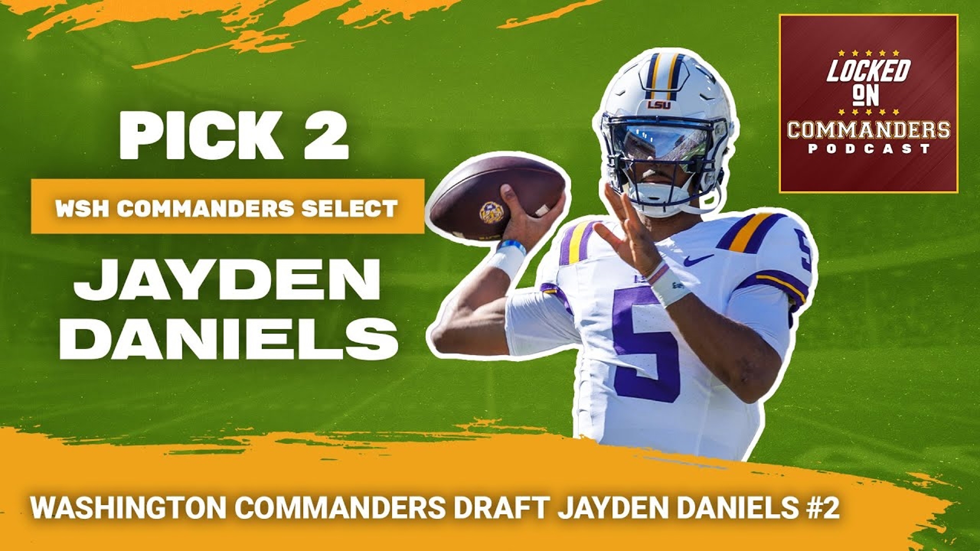 The Washington Commanders have selected LSU quarterback Jayden Daniels with the second overall pick in the 2024 NFL Draft.
