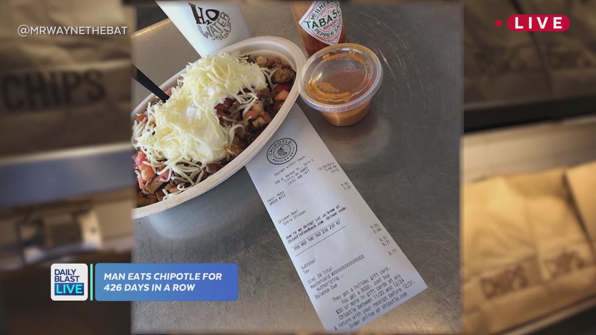 A man from Tiffin, Ohio received Chipotle-inspired superhero gear after dining at the popular restaurant chain for 426 consecutive days. Bruce Wayne documented his daily trips on Instagram with each photo depicting his meal and the receipt of purchase. 