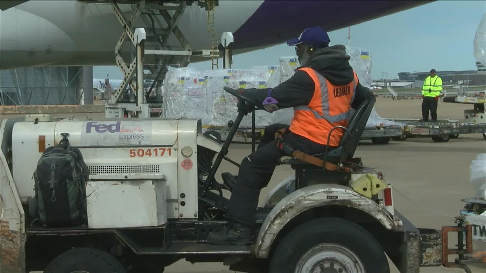 The shipping giant teamed up with Direct Relief to send one of its biggest planes full of supplies to Warsaw, Poland Saturday.