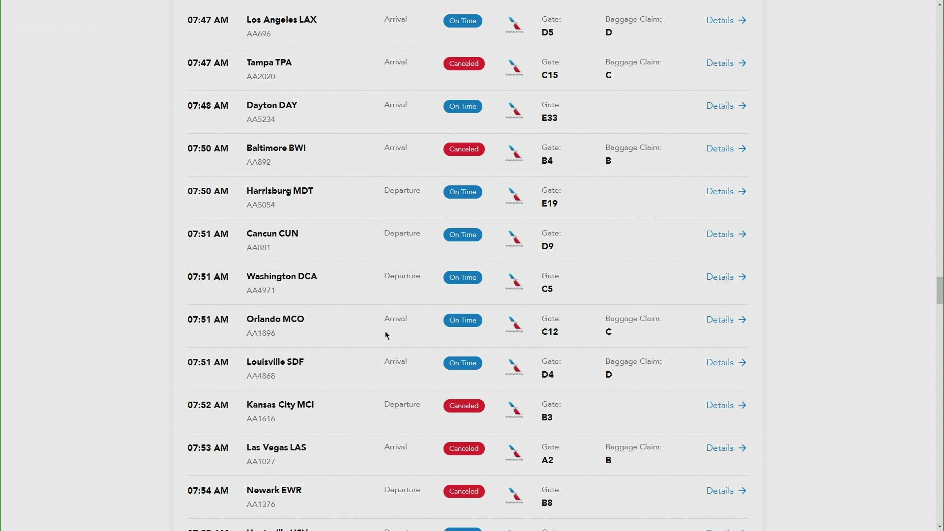 According to the airport's website, dozens of American Airlines flights are being canceled.