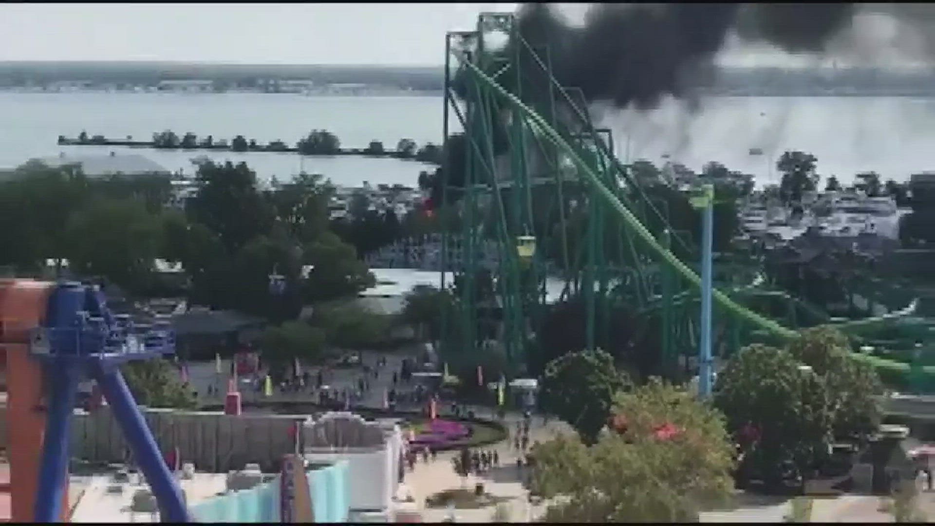 Ferris wheel view of fire at Cedar Point marina