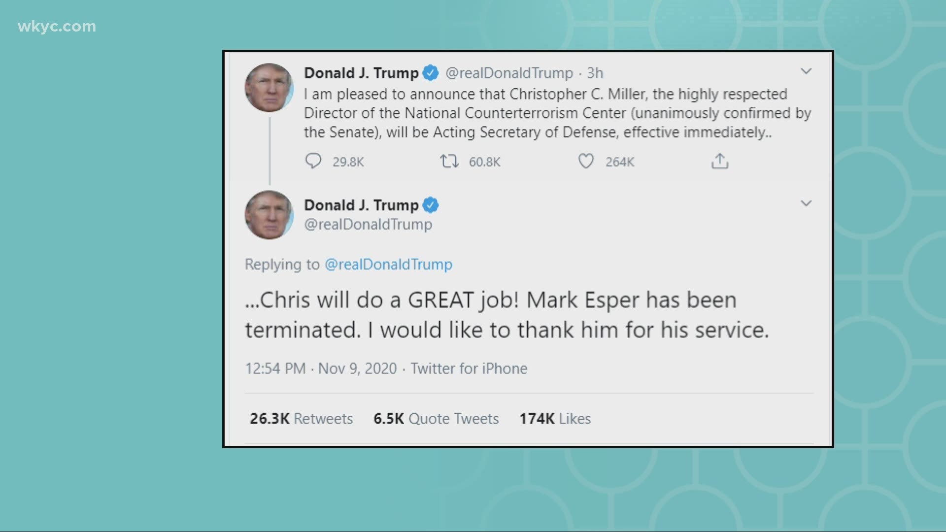 Trump tweeted that Esper has been terminated and will be replaced by Christopher Miller. Trump said the Miller has already been confirmed by the Senate.