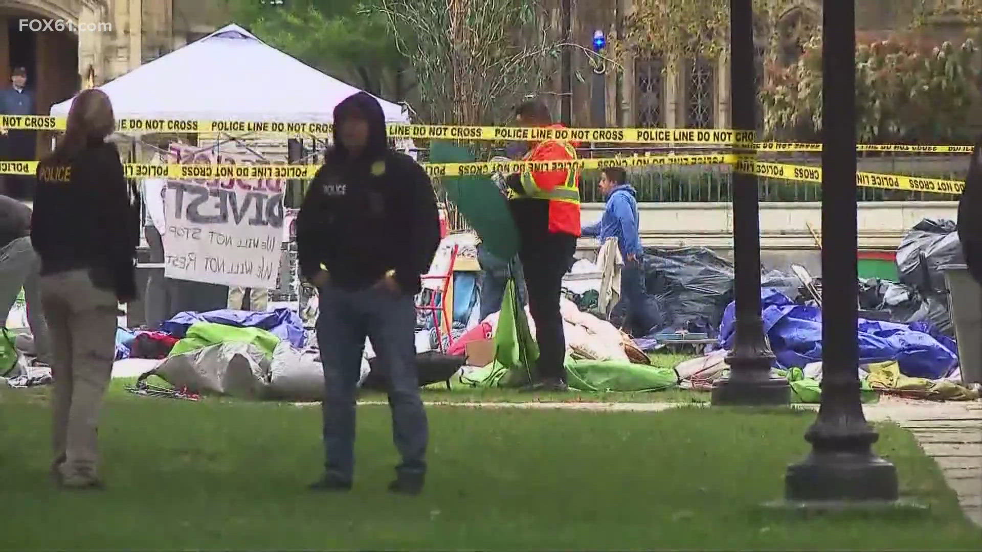 Protests at Yale University and Univ. of Connecticut continue in support of Palestine after university crews take down encampments and make arrests.