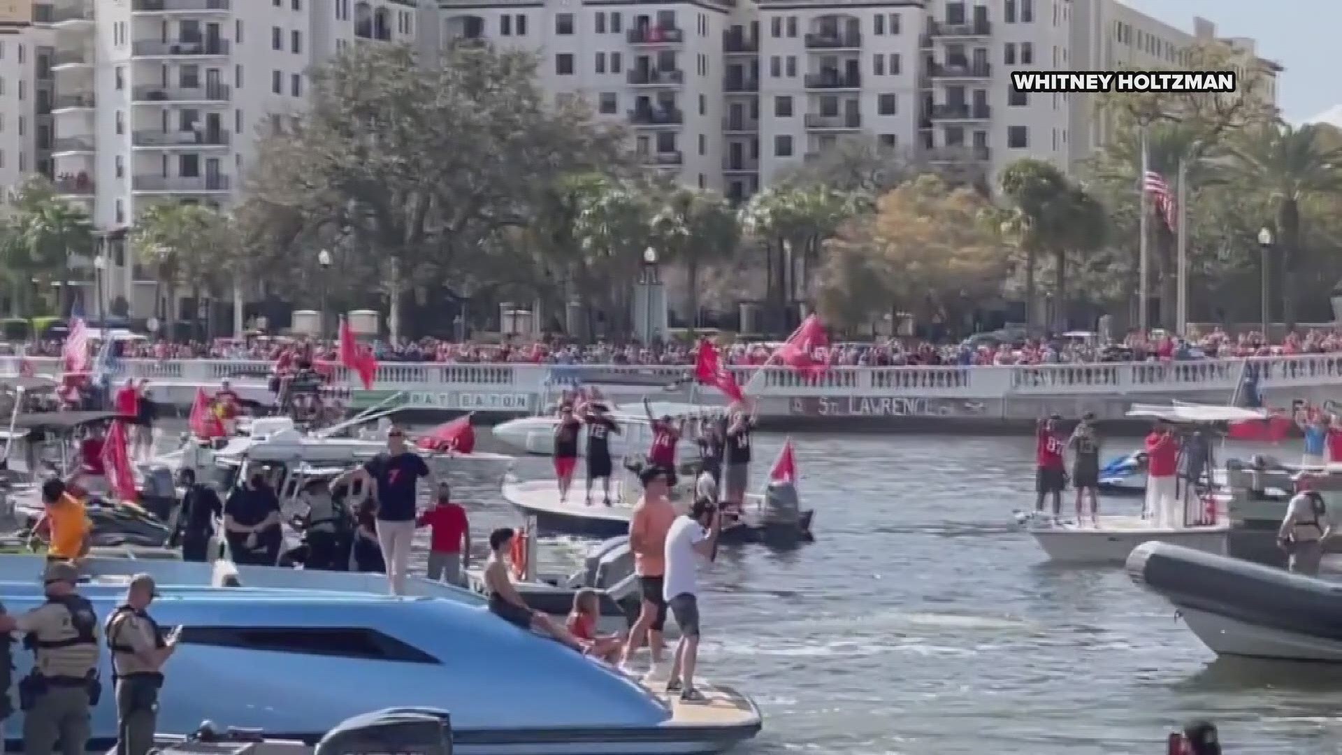 During the Super Bowl LV boat parade, Brady made a daring toss with the Vince Lombardi Trophy