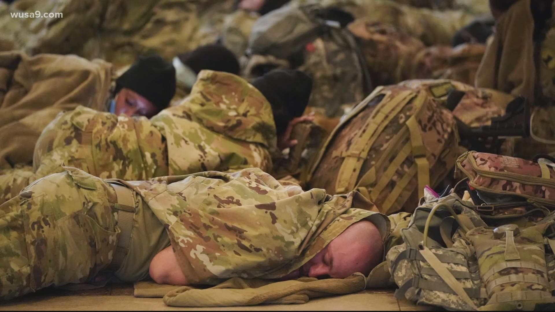 Photos showed hundreds of National Guard troops resting on the floor of the U.S. Capitol Visitor's Center before heading out to reinforce security at the complex.